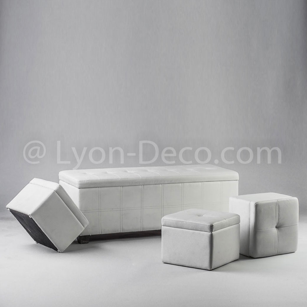 Location Banquette coffre + 3 poufs carrés blancs
