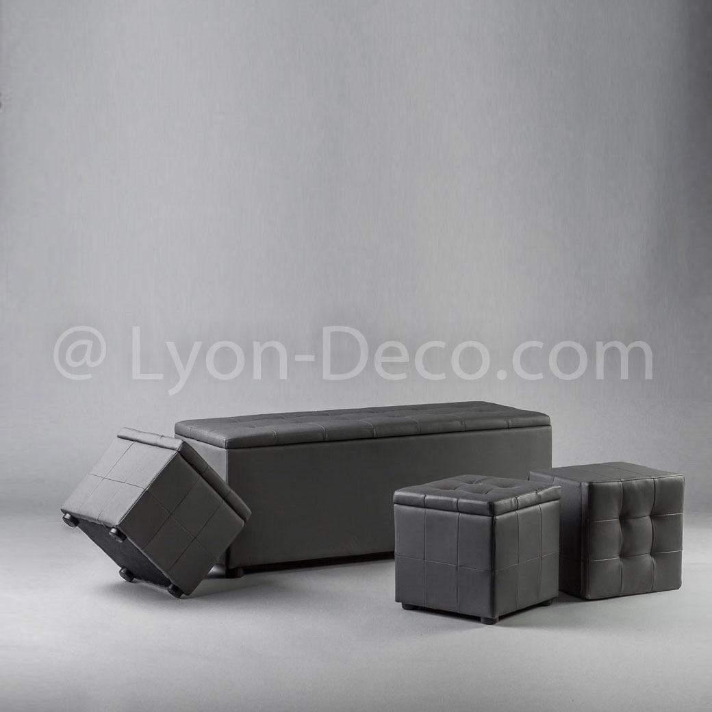 Location Banquette coffre + 3 poufs carrés gris