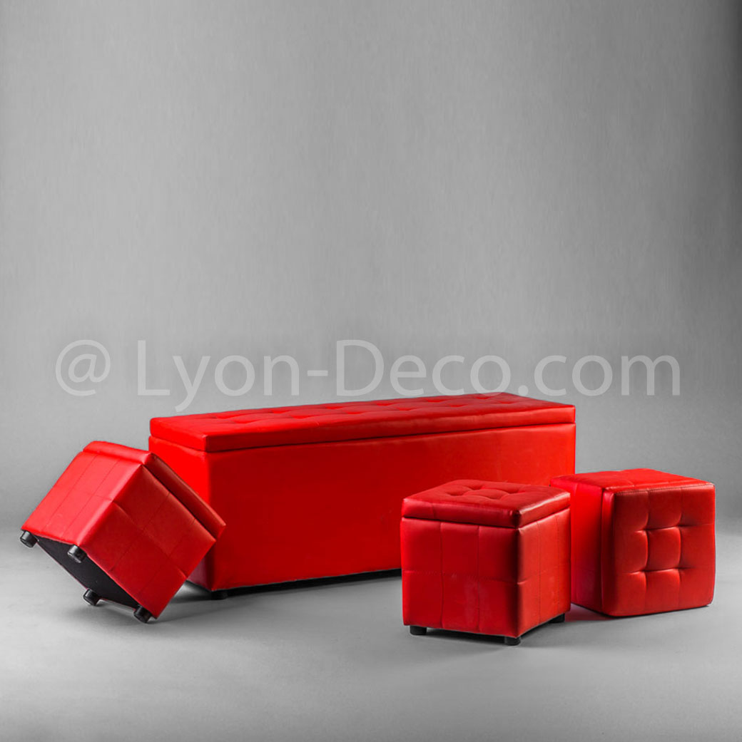 Location Banquette coffre + 3 poufs carrés rouge